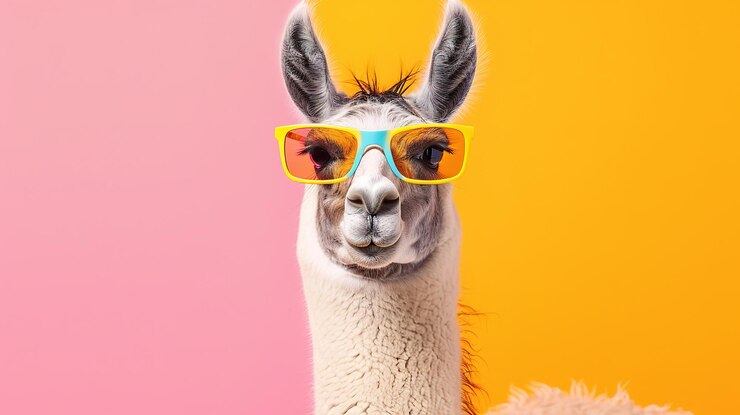 Foto concepto animal creativo llama en gafas de sol aisladas sobre un fondo pastel sólido