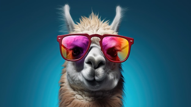 Foto concepto animal creativo llama en gafas de sol gafas de sombra aisladas sobre un fondo pastel sólido comercial