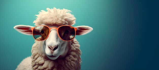 Concepto animal creativo una oveja con gafas de sol sobre un fondo azul