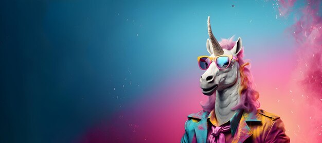 Concepto animal creativo un unicornio con gafas de sol y un traje copia espacio generativo ai