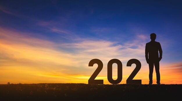 Concepto de año nuevo 2021, hombre de negocios de éxito de silueta con fondo de cielo al atardecer