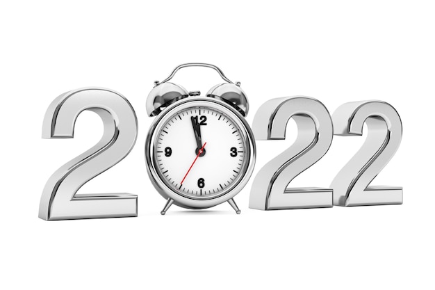 Foto concepto de año nuevo 2022. cartel de acero 2022 con reloj despertador sobre un fondo blanco. representación 3d