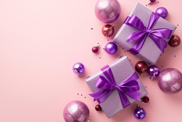 Concepto de Año Nuevo Foto de vista superior de cajas de regalo de color púrpura con lazos de cinta, adornos de color rosa violeta y lentejuelas sobre fondo rosa claro aislado con espacio vacío