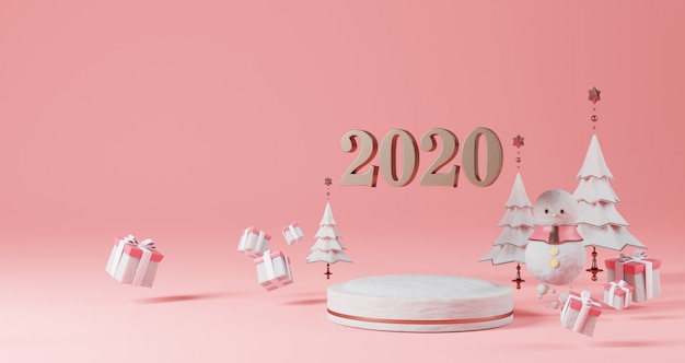 Concepto de año nuevo Número 2020 para cambiar el año flotando en el pedestal de nieve rodeado de árboles de navidad, muñecos de nieve y cajas de regalo.