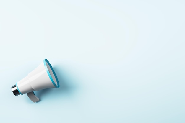 Concepto de anuncio con altavoz de megáfono en maqueta de renderizado wall3D de sombras azul claro en blanco