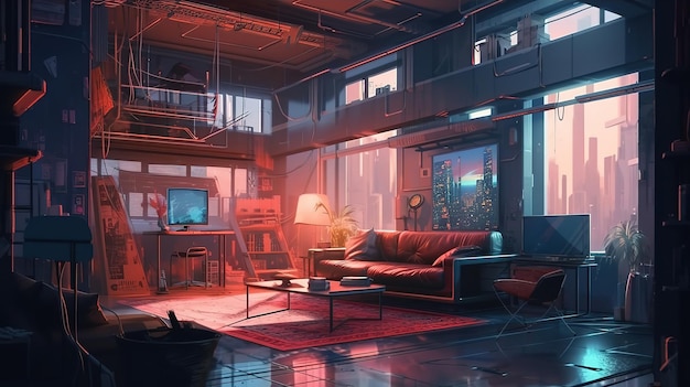 Concepto de apartamento interior de sala de estar amarillo y púrpura en estilo cyberpunk Generative Ai