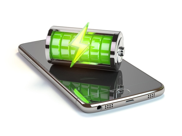 Concepto de aplicación de carga de teléfonos inteligentes Teléfono móvil e indicador de carga de batería verde 3d