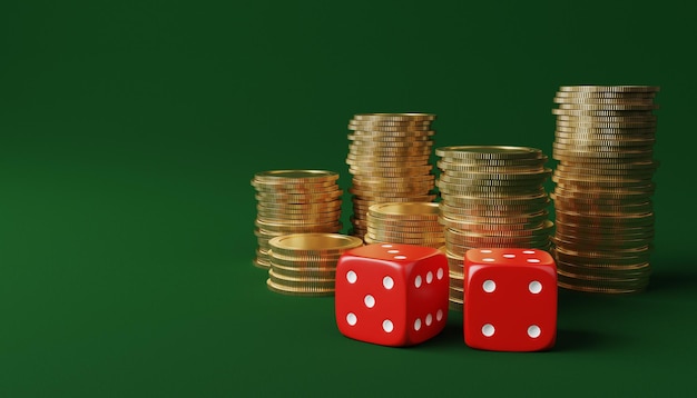 concepto de apostar dos dados rojos y fichas de oro o monedas en el fondo verde del casino