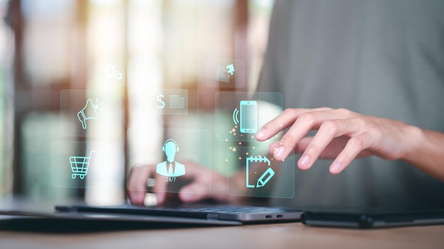 concepto de apoyo en línea y servicio al cliente Línea directa de contacto y asesoramiento