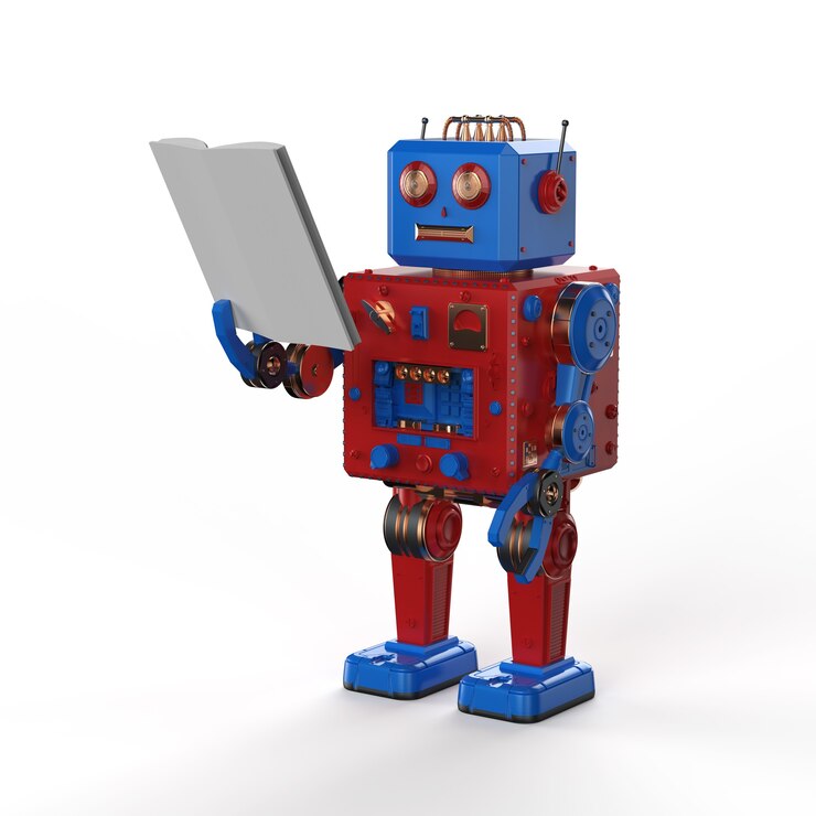 Foto concepto de aprendizaje automático con libros de robot de juguete de hojalata