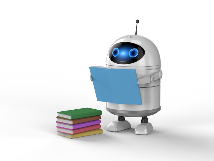 Foto concepto de aprendizaje automático con mini robot leyendo un libro