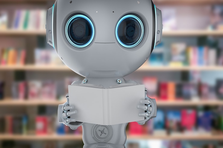Foto concepto de aprendizaje automático con renderizado 3d lindo robot de inteligencia artificial lee el libro
