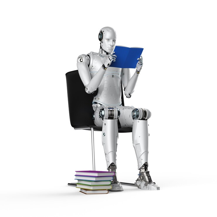 Foto concepto de aprendizaje automático con robot y pila de libros.