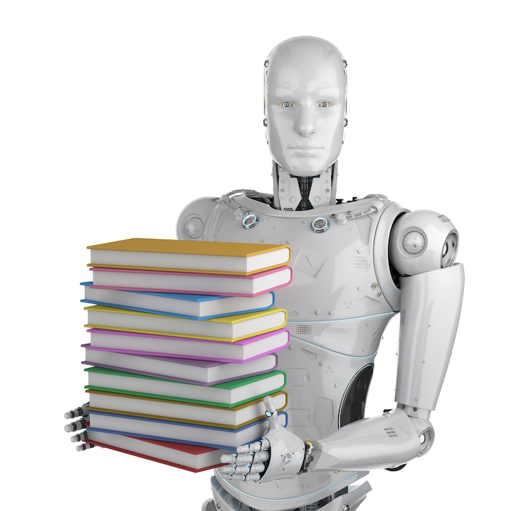 Foto concepto de aprendizaje automático con robot y pila de libros.