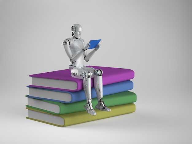 Concepto de aprendizaje automático con robot y pila de libros.