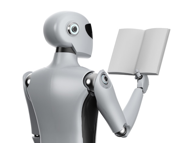 Concepto de aprendizaje automático con robot y pila de libros.