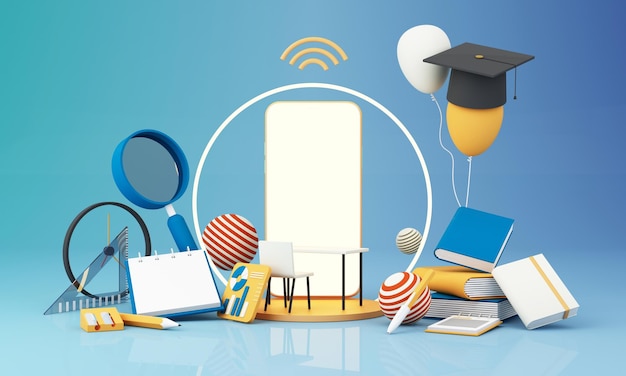 Concepto de aprendizaje electrónico con teléfono inteligente y símbolo wifi rodeado por gorra de graduado libros abiertos globo regla gráfico estadístico lápiz y lupa en fondo azul y amarillo renderización 3D