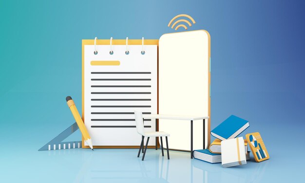 Concepto de aprendizaje electrónico con teléfono inteligente y símbolo wifi rodeado por gorra de graduado libros abiertos globo regla gráfico estadístico lápiz y lupa en fondo azul y amarillo renderización 3D