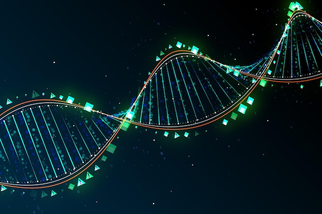 Concepto de aprendizaje y genética de máquinas de ciencia innovadora con molécula de ADN digital brillante hecha de código binario y píxeles en representación 3D de fondo oscuro abstracto