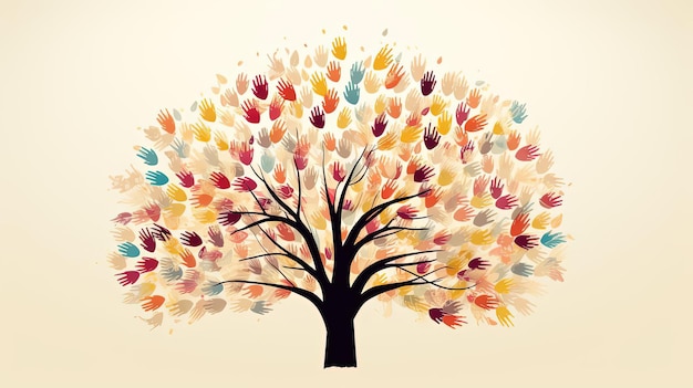 Foto un concepto de árbol impreso a mano con manos coloridas al estilo de color beige claro y granate