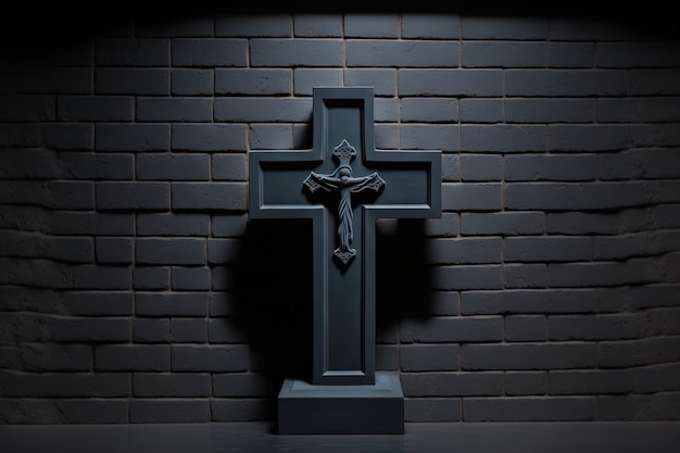 Concepto de área de copia de religión con una pared de ladrillo enyesado negro y una cruz de madera