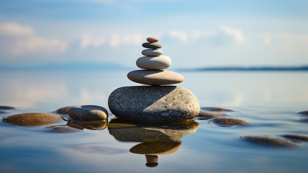 Foto concepto de armonía y equilibrio equilibrar piedras contra el mar creado con tecnología de ia generativa