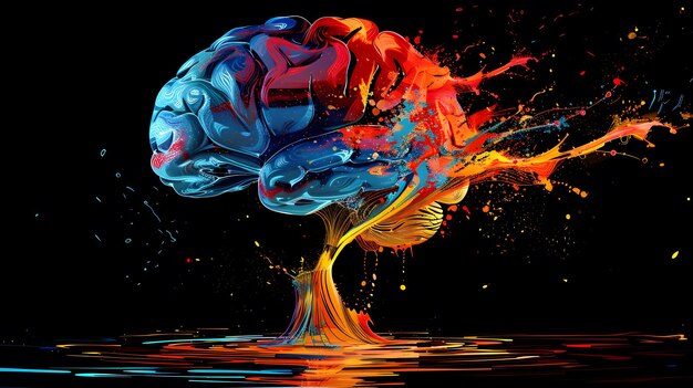El concepto de arte de un cerebro humano explotando con conocimiento y creatividad generativa ai