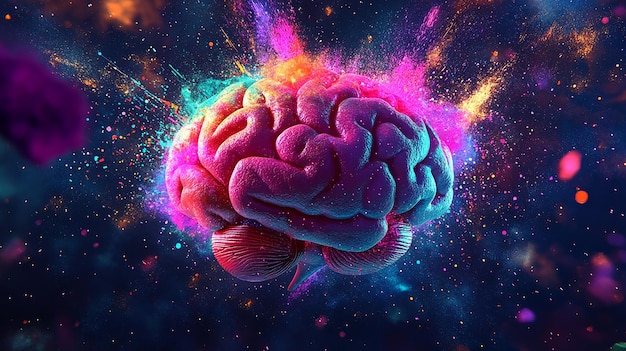 El concepto de arte de un cerebro humano explotando partículas coloridas