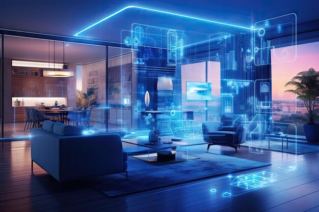 Un concepto de arte de una inteligencia artificial holográfica digital a una tecnología inteligente en una casa y un