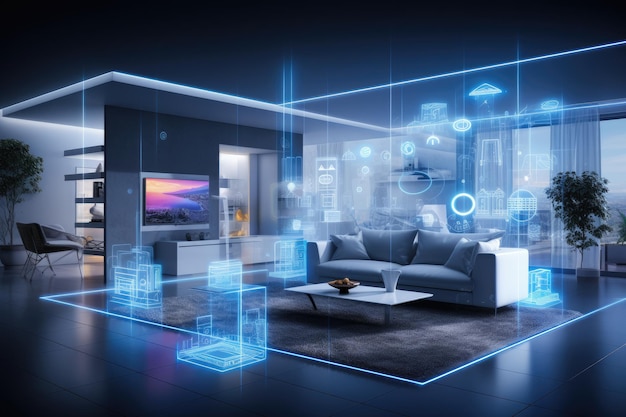 Un concepto de arte de una inteligencia artificial holográfica digital a una tecnología inteligente en una casa y un