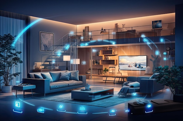 Foto un concepto de arte de una inteligencia artificial holográfica digital a una tecnología inteligente en una casa y un