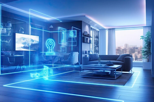 Foto un concepto de arte de una inteligencia artificial holográfica digital a una tecnología inteligente en una casa y un
