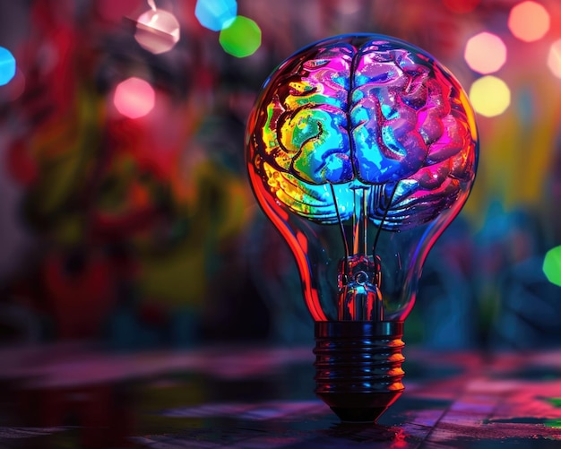 El concepto artístico de luz brillante y colorida de la bombilla cerebral tridimensional