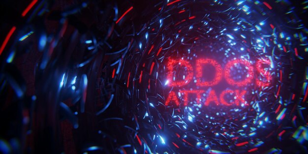 El concepto de un ataque DDOS en un sistema informático Inscripción DDOS en el túnel tecnológico Visualización 3D