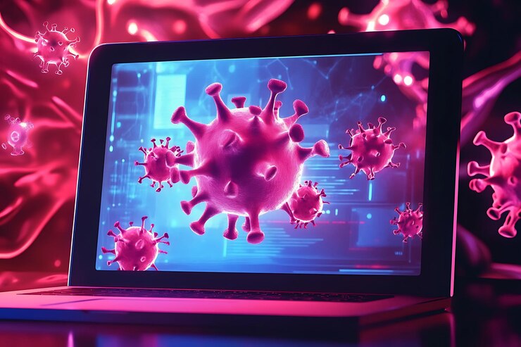 Concepto de ataque de virus digital en la pantalla de la computadora portátil