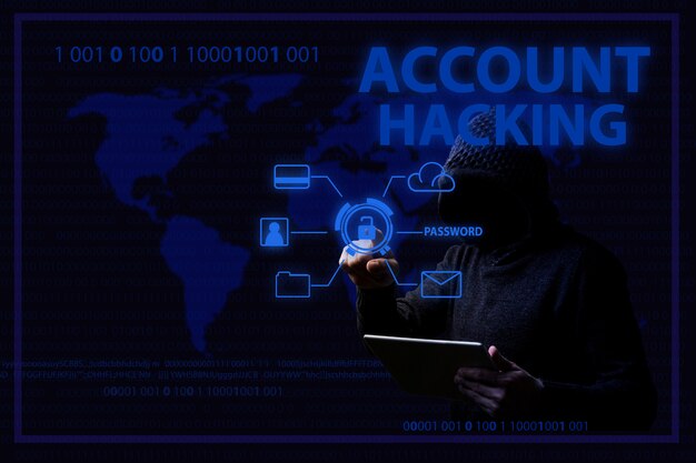 Concepto de ataques de piratas informáticos y pirateo de cuentas con un hombre sin rostro con capucha e iluminación azul