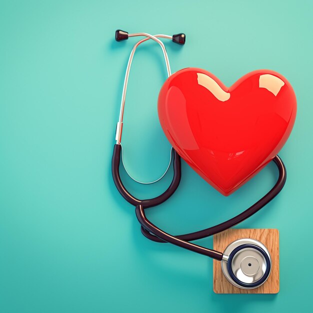 Concepto de atención médica con estetoscopio y corazón rojo en azul para las redes sociales