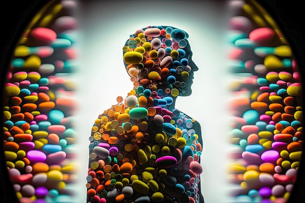 Concepto de atención médica y medicamentos Hombre con píldoras de colores IA generativa