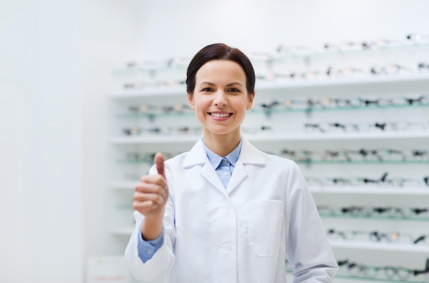 concepto de atención de la salud, personas, vista y visión - mujer sonriente óptica con bata blanca que muestra gestos de aprobación sobre anteojos en la tienda de óptica