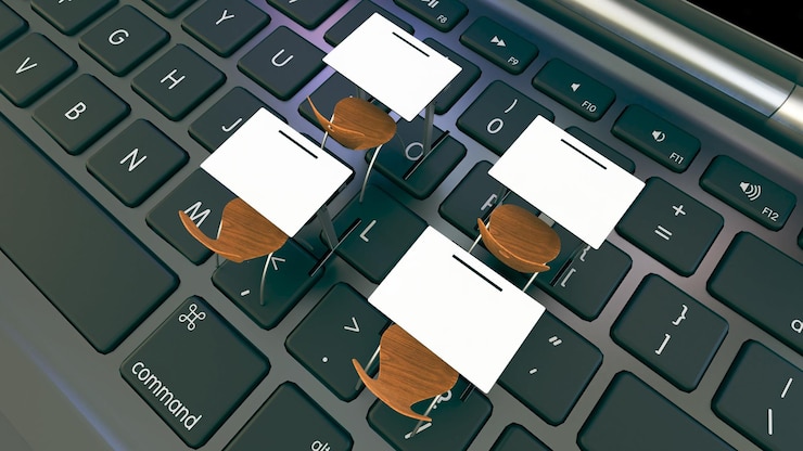 Foto concepto de aula digital para educación en línea escritorios de aula modernos en las computadoras portátiles representación 3d