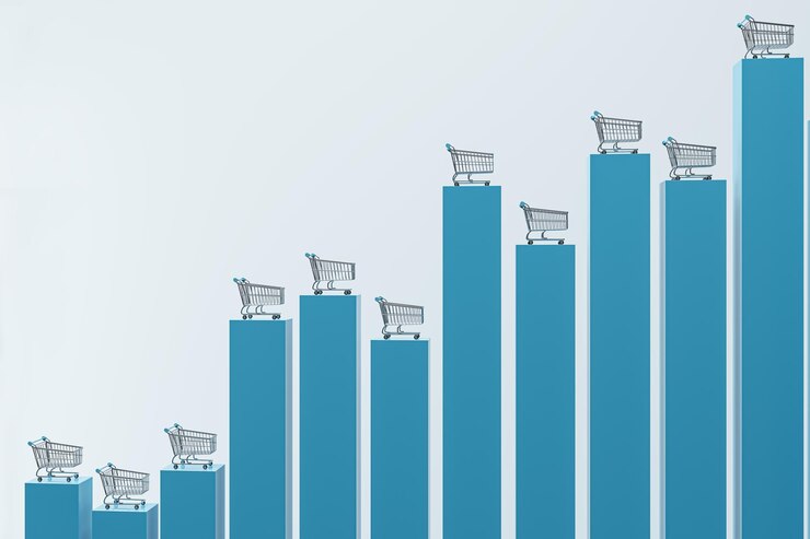 Foto el concepto de aumento de la demanda del consumidor con vista frontal en carritos de compras metálicos en la parte superior de los crecientes pilares de gráficos de gráficos financieros en la representación 3d de fondo claro abstracto