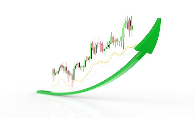 Concepto de aumento del precio de las acciones con gráfico de vela con flecha hacia arriba