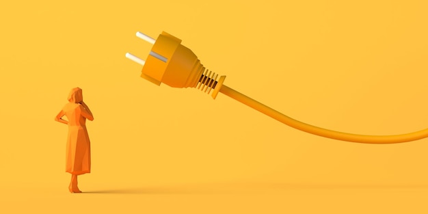 Concepto de aumento del precio de la electricidad con enchufe y mujer viendo la inestabilidad y la volatilidad del mercado