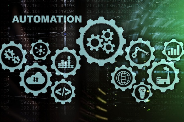 Concepto de aumento de la productividad de automatización Proceso tecnológico en un fondo de sala de servidores