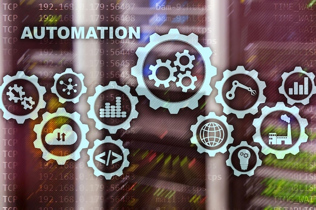 Concepto de aumento de la productividad de automatización Proceso tecnológico en un fondo de sala de servidores