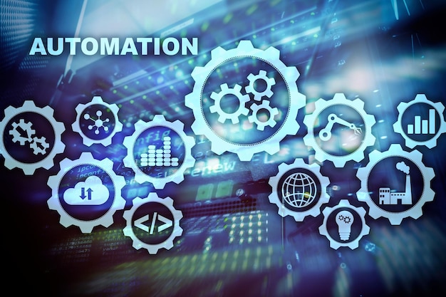 Concepto de aumento de la productividad de automatización Proceso tecnológico en un fondo de sala de servidores