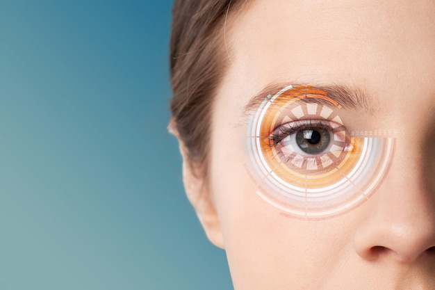 Concepto de autenticación de iris. Escaneo de ojos. Lente de contacto inteligente.