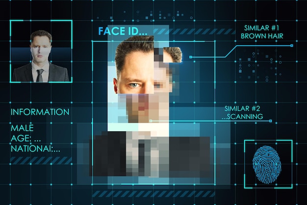 Concepto de autenticación y reconocimiento facial con datos personales de hombre guapo y huella dactilar sobre fondo oscuro abstracto