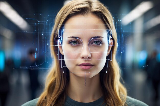 Concepto de autenticación por reconocimiento facial Sistema de seguridad biométrica Tecnología de reconocimiento facial