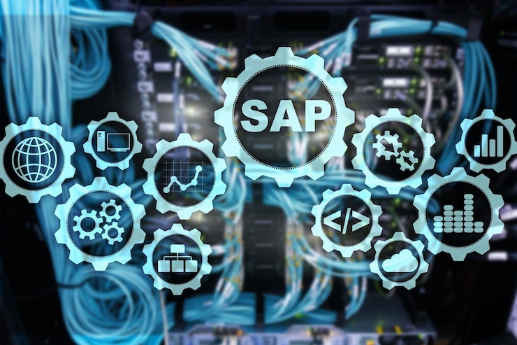 Foto concepto de automatización de software del sistema sap en el centro de datos de pantalla virtual